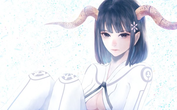 Anime picture 1344x840 with original bounin single looking at viewer fringe short hair breasts light erotic black hair simple background white background cleavage bent knee (knees) blunt bangs horn (horns) black eyes no bra girl hair ornament