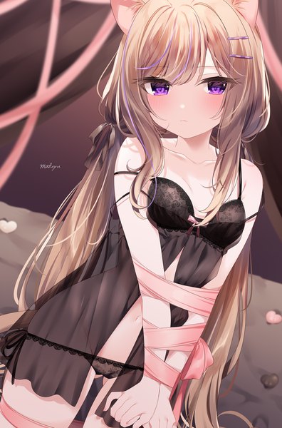 Anime picture 1389x2106 with original leo (mafuyu) mafuyu (chibi21) single long hair tall image looking at viewer blush fringe breasts light erotic brown hair standing purple eyes twintails signed animal ears payot tail animal tail