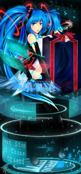 Anime picture 2000x4300 with vocaloid hatsune miku liuli (llc) single long hair tall image highres open mouth blue eyes twintails bare shoulders blue hair girl gloves necktie elbow gloves gift