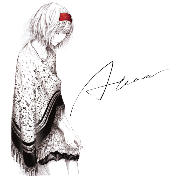 Anime picture 1720x1722 with touhou alice margatroid sousou (sousouworks) single tall image highres short hair simple background smile white background eyes closed floral print monochrome hands clasped spot color cover album cover girl headband lace