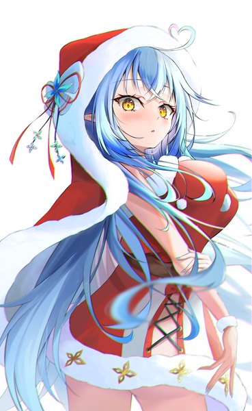 Anime picture 1306x2122 with virtual youtuber hololive yukihana lamy unknown (riseillustrator) single long hair tall image looking at viewer blush fringe breasts light erotic simple background hair between eyes large breasts standing white background yellow eyes blue hair ahoge