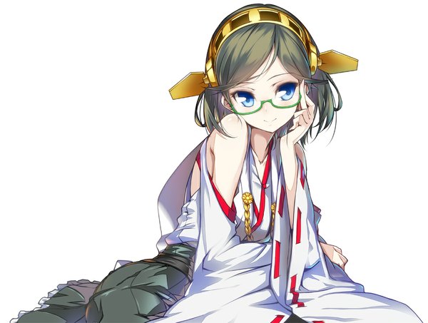 Anime picture 1058x800 with kantai collection kirishima battleship hong (white spider) single looking at viewer blush short hair blue eyes simple background smile brown hair white background sitting wide sleeves nontraditional miko girl skirt glasses hairband