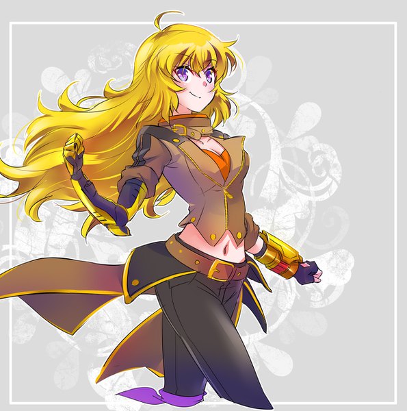 Anime picture 1280x1291 with rwby rooster teeth yang xiao long iesupa single long hair tall image looking at viewer breasts simple background blonde hair smile large breasts purple eyes cleavage ahoge grey background midriff wavy hair outline