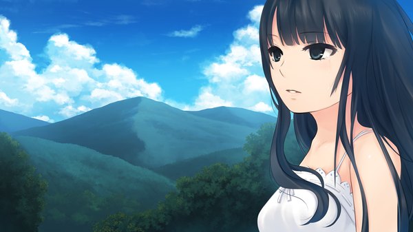 Anime picture 1280x720 with ame koi isshi mizuki coffee-kizoku single long hair looking at viewer blush open mouth black hair wide image bare shoulders looking away game cg sky cloud (clouds) profile light smile black eyes sunlight teeth