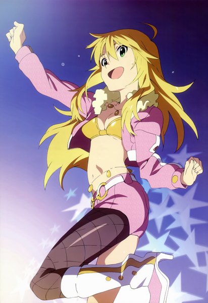 Anime picture 4091x5959 with idolmaster hoshii miki single long hair tall image highres open mouth blonde hair green eyes absurdres ahoge pink diamond 765 girl boots star (symbol) bikini top