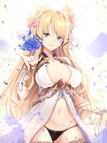 Anime picture 768x1024 with azur lane victorious (azur lane) momin (momomikan2x) single long hair tall image looking at viewer breasts blue eyes light erotic blonde hair large breasts white background cleavage parted lips sparkle groin girl navel underwear