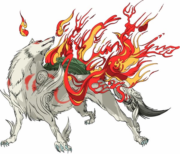 Anime picture 5289x4525 with okami amaterasu (okami) okama single highres simple background white background absurdres animal fire wolf