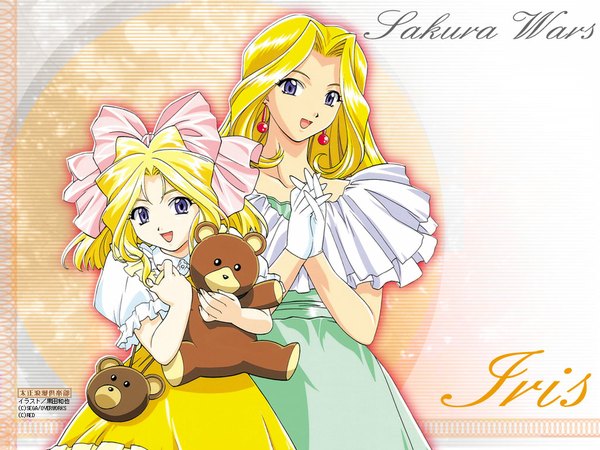 Anime picture 1024x768 with sakura taisen iris chateaubriand blonde hair purple eyes wallpaper time paradox adult dress gloves frills toy stuffed animal teddy bear