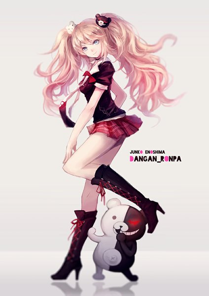Anime picture 800x1132 with dangan ronpa enoshima junko monokuma vienri single long hair tall image looking at viewer blue eyes twintails pink hair full body girl skirt hair ornament necktie boots toy stuffed animal red skirt