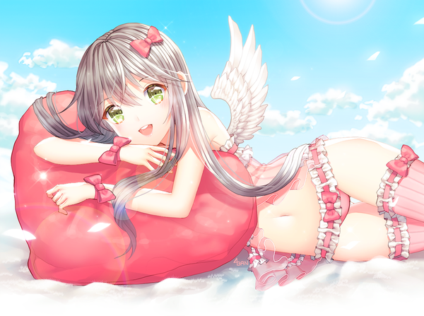 Anime picture 1200x894 with original saban single long hair looking at viewer open mouth light erotic green eyes sky cloud (clouds) lying grey hair on side white wings girl thighhighs navel bow hair bow petals