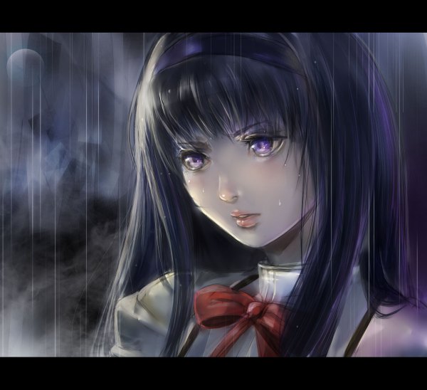 Anime picture 1200x1097 with mahou shoujo madoka magica shaft (studio) akemi homura yuuya (inudama) single long hair black hair purple eyes girl hairband bowtie