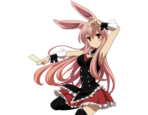 イラスト 4600x3578 と 問題児たちが異世界から来るそうですよ? kurousagi (mondaiji) ソロ 長髪 highres 笑顔 赤い目 ピンク髪 absurdres armpit (armpits) transparent background 女の子 ストッキング スカート 黒ストッキング ガーター
