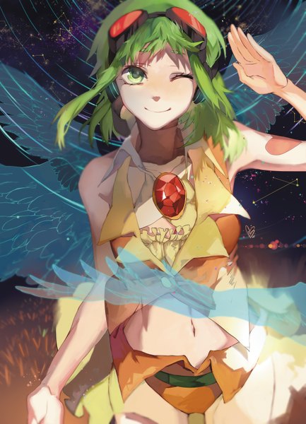 Anime picture 2185x3023 with vocaloid gumi dj.adonis single tall image fringe highres short hair breasts smile green eyes one eye closed green hair wink bare belly sleeveless goggles on head constellation girl navel