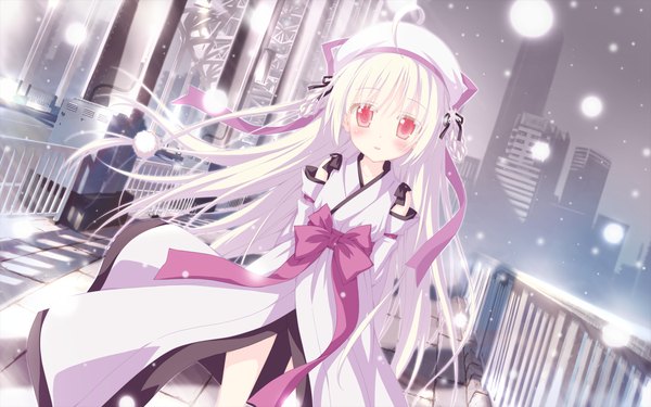 Anime picture 2048x1280 with astralair no shiroki towa yuuki (astralair no shiroki towa) single long hair looking at viewer blush highres game cg white hair pink eyes loli dutch angle snowing winter girl dress hair ornament bow detached sleeves beret