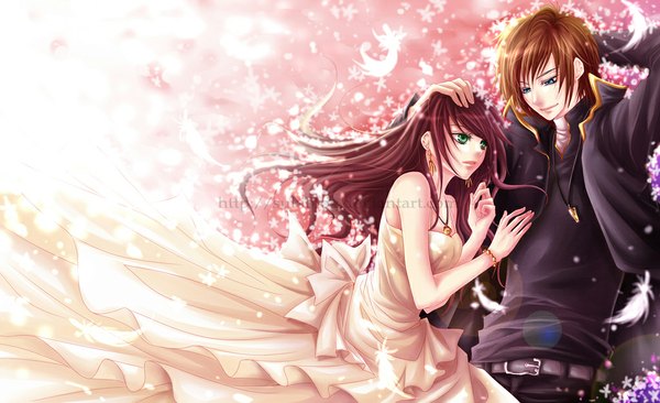 Anime picture 1024x626 with original sukiblog long hair short hair blue eyes smile brown hair wide image green eyes looking away red hair couple looking down girl dress boy petals pendant feather (feathers) suit