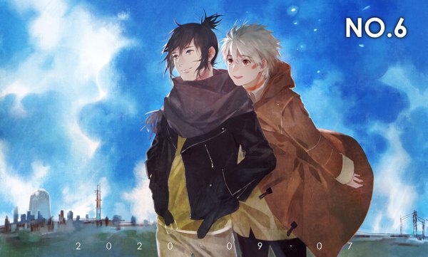 Anime picture 1495x900 with no.6 studio bones nezumi (no.6) shion (no.6) zxs1103 short hair black hair red eyes wide image looking away sky silver hair cloud (clouds) ponytail black eyes open jacket multiple boys copyright name dated hands in pockets