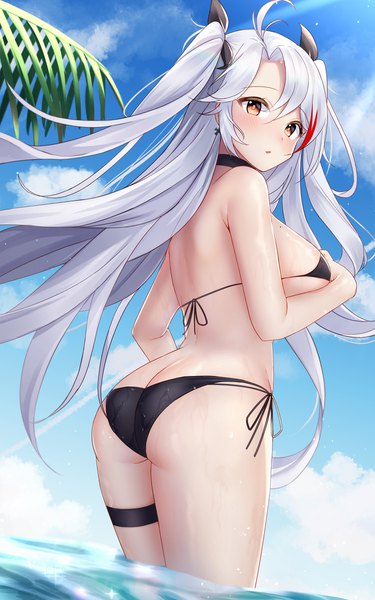 Anime picture 1500x2400 with azur lane prinz eugen (azur lane) prinz eugen (unfading smile) (azur lane) jyu-so single long hair tall image looking at viewer blush fringe breasts open mouth light erotic hair between eyes large breasts standing brown eyes payot sky silver hair