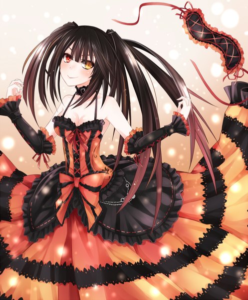 Anime picture 1242x1500 with date a live tokisaki kurumi single long hair tall image blush black hair smile twintails heterochromia uneven twintails girl dress frills headdress