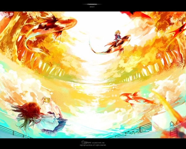 Anime picture 1280x1024 with original shirou long hair blonde hair multiple girls signed cloud (clouds) lying light reflection riding girl uniform 2 girls plant (plants) school uniform tree (trees) water fish (fishes) camera