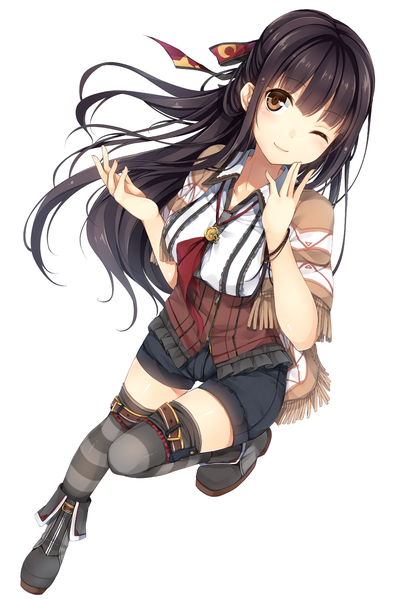 Anime picture 1181x1770 with original kaguyuu single long hair tall image looking at viewer blush black hair simple background white background brown eyes one eye closed wink girl thighhighs shorts boots striped thighhighs