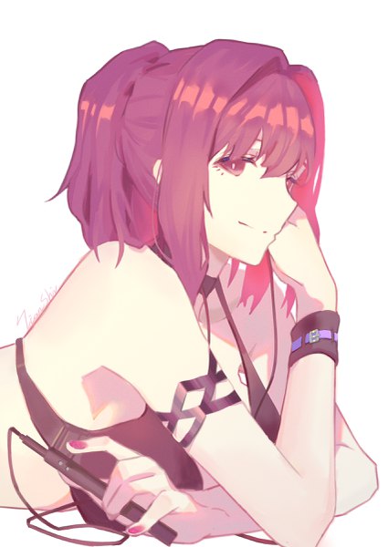 Anime picture 1702x2400 with fate (series) fate/grand order scathach (fate) (all) scathach (fate) atianshi single long hair tall image looking at viewer fringe highres light erotic simple background hair between eyes white background purple eyes signed purple hair ponytail lying