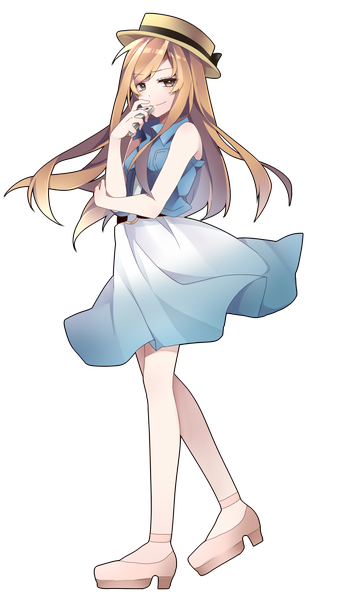 Anime picture 857x1500 with original sakura yuki (clochette) single long hair tall image looking at viewer blonde hair smile brown eyes transparent background girl dress hat