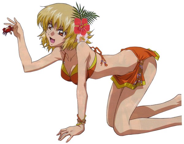 Anime picture 1600x1250 with gundam seed cagalli yula athha short hair simple background blonde hair white background hair flower orange eyes girl hair ornament swimsuit bikini bracelet crab