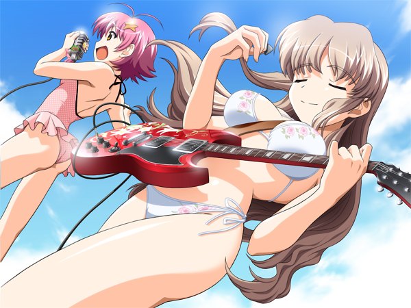 Anime picture 1200x900 with long hair short hair breasts light erotic brown hair pink hair game cg singing swimsuit bikini one-piece swimsuit white bikini microphone guitar