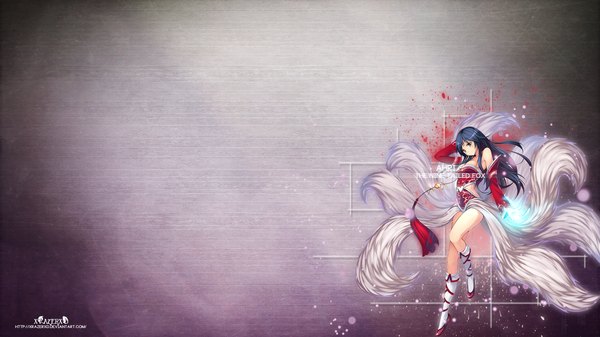Anime picture 1920x1080 with league of legends ahri (league of legends) xrazerxd single long hair looking at viewer blush highres black hair wide image wallpaper magic multiple tails girl