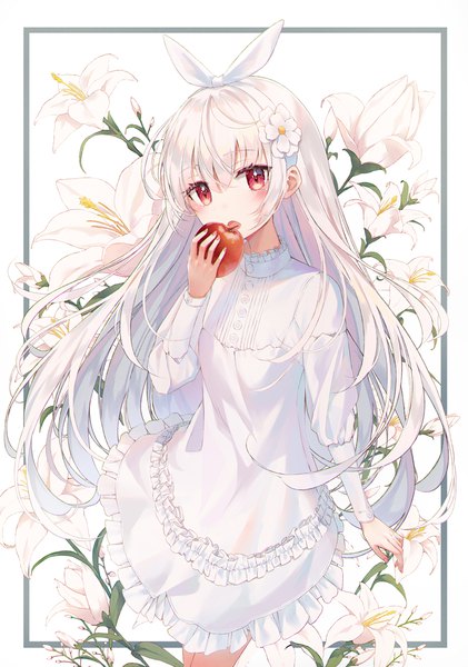Anime picture 812x1157 with original momingie single long hair tall image looking at viewer blush fringe open mouth hair between eyes red eyes standing white background holding payot silver hair long sleeves hair flower floating hair border