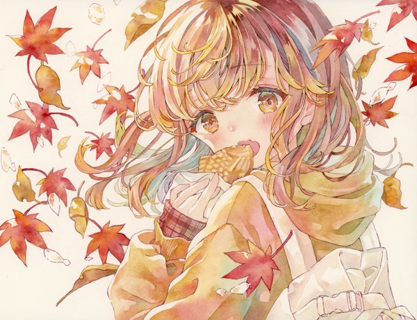 Anime picture 1571x1207 with original yukoring single long hair looking at viewer blush brown hair brown eyes upper body eating autumn traditional media watercolor (medium) girl food sweets hood leaf (leaves) hoodie autumn leaves