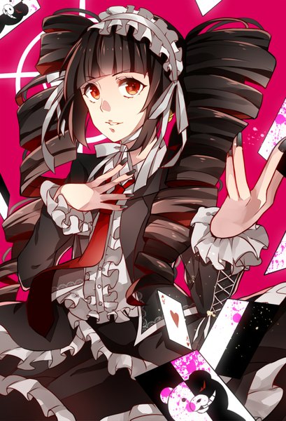 Anime picture 1050x1539 with dangan ronpa celestia ludenberg nora (kuromiwa-38) single long hair tall image looking at viewer open mouth black hair simple background smile red eyes twintails nail polish drill hair girl dress blood toy stuffed animal