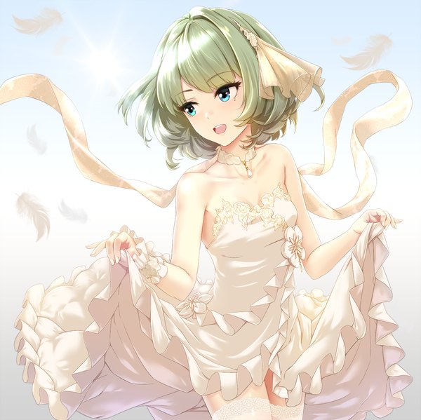 Anime picture 1500x1499 with idolmaster idolmaster cinderella girls takagaki kaede infinote single fringe short hair open mouth brown hair bare shoulders holding looking away sleeveless heterochromia spread arms goddess of mystery girl thighhighs dress hair ornament