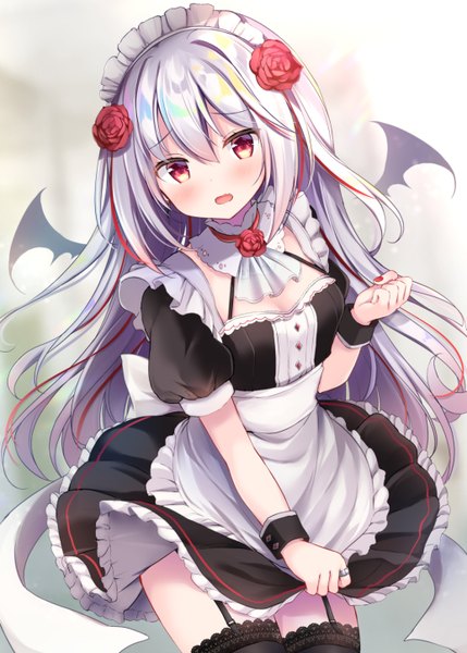 Anime picture 1034x1446 with original masayo (gin no ame) single long hair tall image looking at viewer blush fringe open mouth hair between eyes red eyes standing holding payot silver hair nail polish head tilt multicolored hair hair flower wind
