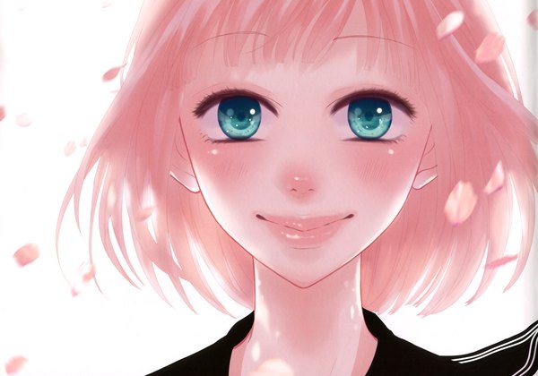 Anime picture 3440x2408 with vocaloid just be friends (vocaloid) megurine luka single blush highres short hair simple background smile white background pink hair aqua eyes face girl petals