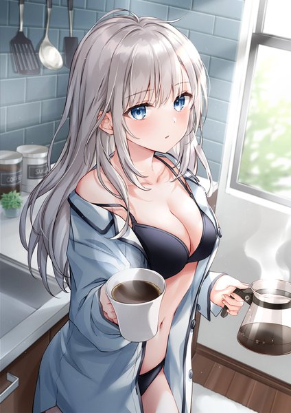 Anime picture 919x1300 with original higeneko single long hair tall image looking at viewer blush fringe breasts blue eyes light erotic large breasts standing holding cleavage silver hair indoors blunt bangs long sleeves sunlight