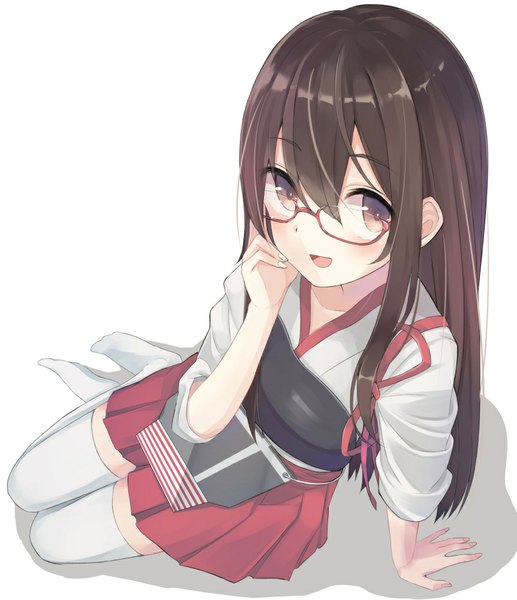 Anime picture 862x1000 with kantai collection akagi aircraft carrier huuyu single long hair tall image looking at viewer blush fringe open mouth simple background smile brown hair white background sitting brown eyes bent knee (knees) pleated skirt shadow no shoes