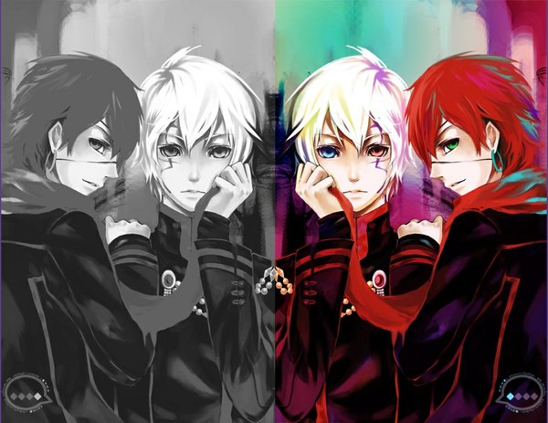 Anime picture 1000x773 with d.gray-man allen walker lavi ox-miruku looking at viewer short hair blue eyes red eyes green eyes white hair red hair profile multiple boys couple hug heterochromia monochrome reflection scar boy