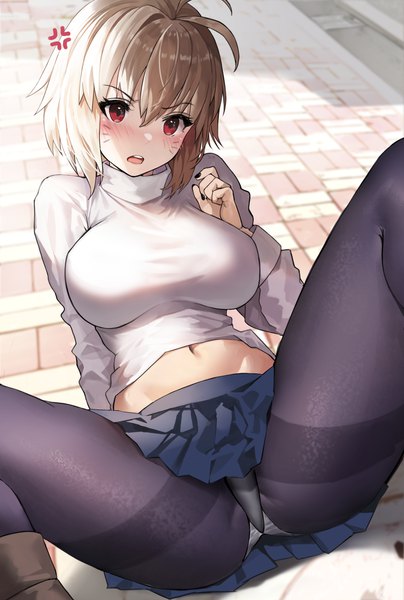 Anime picture 2692x4000 with shingetsutan tsukihime tsukihime (remake) type-moon arcueid brunestud suou-sensei single tall image looking at viewer blush fringe highres short hair breasts open mouth light erotic blonde hair hair between eyes red eyes large breasts sitting