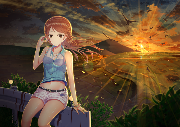 Anime picture 2107x1488 with idolmaster idolmaster cinderella girls idolmaster cinderella girls starlight stage houjou karen milktea waka single long hair looking at viewer highres brown hair brown eyes sky cloud (clouds) evening sunset mountain girl navel animal shorts