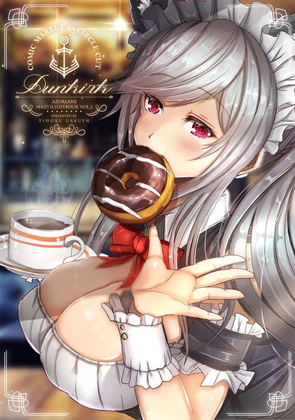 Anime picture 1050x1492 with azur lane dunkerque (azur lane) origin (fefnir nightload) long hair tall image looking at viewer blush fringe breasts light erotic red eyes large breasts holding payot silver hair upper body ponytail indoors fingernails blurry