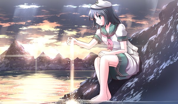 Anime picture 2136x1254 with touhou murasa minamitsu risutaru single long hair highres open mouth black hair wide image sitting green eyes looking away full body outdoors barefoot sunlight puffy sleeves mountain sailor collar girl