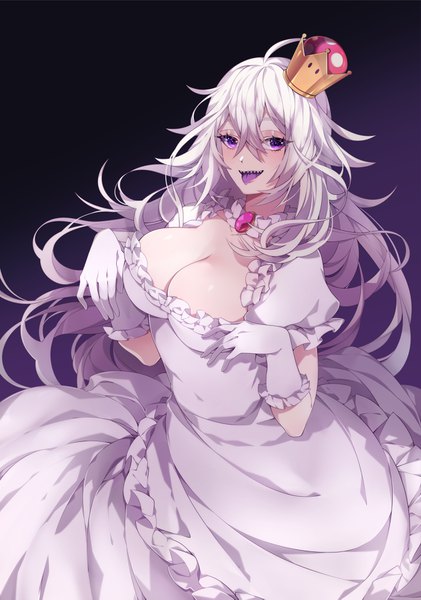 Anime picture 2800x3990 with super mario bros. new super mario bros. u deluxe princess king boo souike single long hair tall image looking at viewer fringe highres breasts light erotic simple background hair between eyes large breasts purple eyes cleavage silver hair ahoge teeth
