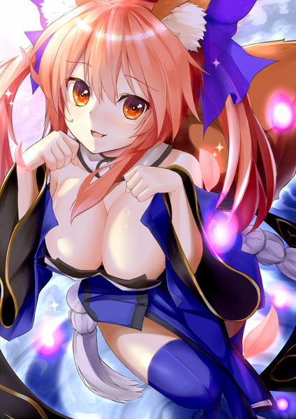 Anime picture 1200x1697 with fate (series) fate/grand order fate/extra tamamo (fate) (all) tamamo no mae (fate) shiron (e1na1e2lu2ne3ru3) single long hair tall image looking at viewer fringe breasts open mouth light erotic smile hair between eyes large breasts standing twintails bare shoulders