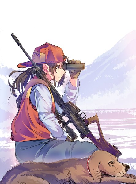 Anime picture 740x1000 with original daito (daito369) single long hair tall image fringe brown hair sitting holding brown eyes looking away ponytail profile girl gloves weapon animal gun dog jeans