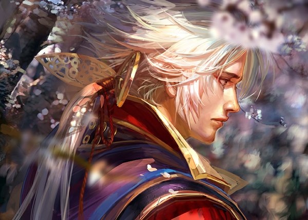 Anime picture 1000x714 with sengoku musou nobuyaki sanada (samurai warriors) liduke single long hair brown eyes looking away white hair ponytail traditional clothes japanese clothes realistic depth of field cherry blossoms boy hair ornament plant (plants) tree (trees)