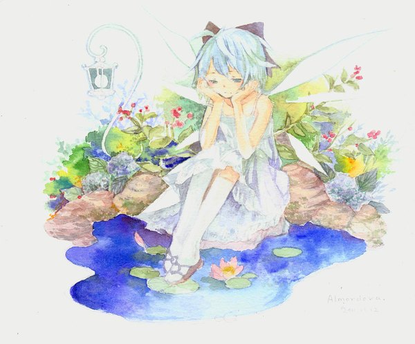 Anime picture 2370x1964 with touhou cirno tagme (artist) single highres short hair blue eyes white background sitting bare shoulders signed blue hair sleeveless traditional media watercolor (medium) girl bow plant (plants) hair bow wings