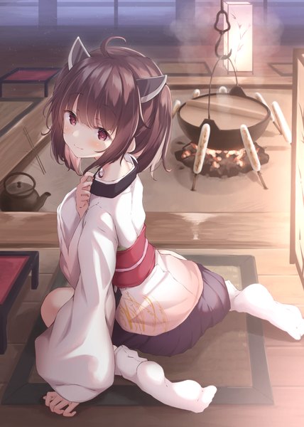 Anime picture 2232x3131 with voiceroid touhoku kiritan ukiwakisen single tall image blush fringe highres short hair smile red eyes brown hair sitting looking away ahoge indoors traditional clothes japanese clothes pleated skirt looking back