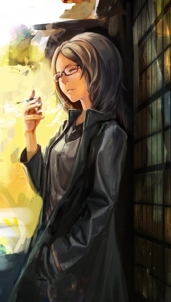 Anime picture 981x1725 with original yoshifumi (4423) single long hair tall image brown hair standing eyes closed hand in pocket smoking girl glasses coat cigarette