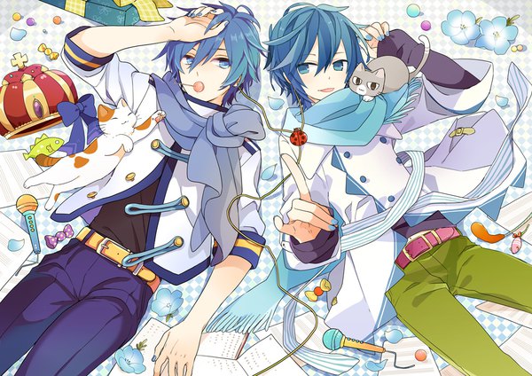 Anime-Bild 1000x707 mit vocaloid kaito (vocaloid) akiyoshi (tama-pete) yoshiki looking at viewer fringe short hair open mouth blue eyes hair between eyes holding blue hair lying nail polish multiple boys on back mouth hold sleeves past wrists striped eating